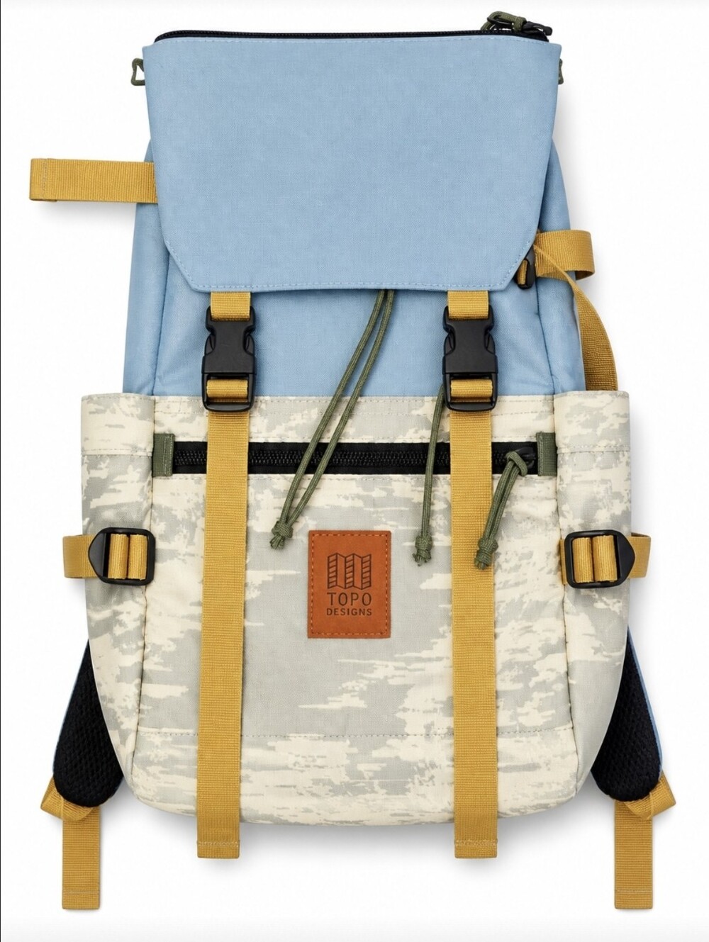 Topo Designs Rover Pack Backpack Blue Camo Roll Top Hiking Daypack Laptop Bag